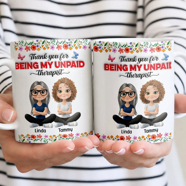Personalized Cartoon Bestie Coffee Mug, Unpaid Therapist Best Friend Ceramic Mug, Humorous Soul Sister Coffee Cup, Christmas 