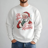 Humorous Bookish Santa Crewneck, He Sees What You've Been Reading Sweatshirt, Smut Reader Christmas Sweater, Booktok Romantasy Present