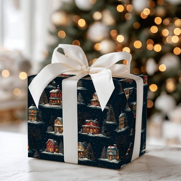 Starry Winter Gift Wrap, Snowy Village Night Wrapping Paper, Comfy Christmas Village Wrapping Paper, Holiday Cottage Wrapping