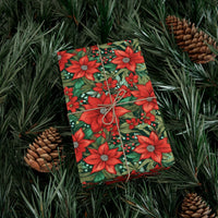Holly Berry Gift Wrap, Red Poinsettia Wrapping Paper, Christmas Floral Gift Wrapping Paper, Botanical Holiday Wrap, Festive Present Paper