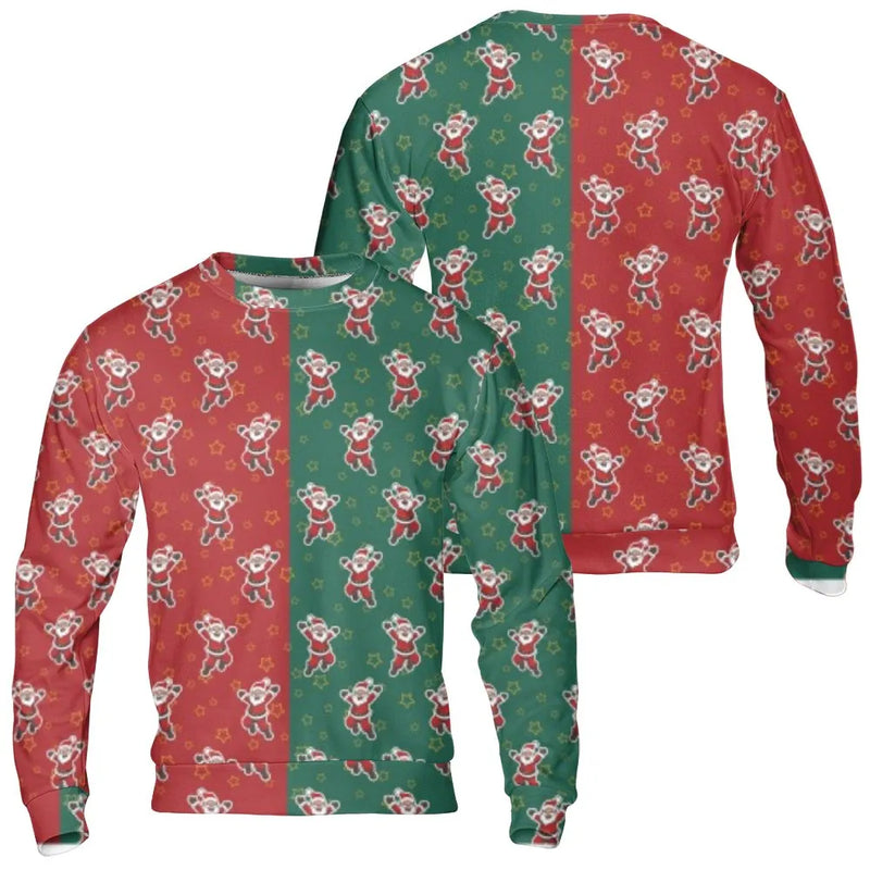 Red and Green Split Holiday Crewneck, Dancing Santa Sweatshirt, Retro Disco Santa Pullover, Festive Merry Christmas Graphic Sweater