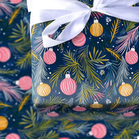 Navy Blue Christmas Gift Wrap, Pink and Gold Ornament Wrapping Paper, Watercolor Bauble Holiday Wrapping Paper, Festive Wrapping Paper