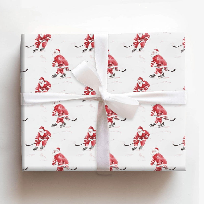 Watercolor Ice Hockey Gift Wrap, Hockey Santa Wrapping Paper, Sports Santa Christmas Wrapping Paper, Holiday Hockey Player Gift Wrap Paper