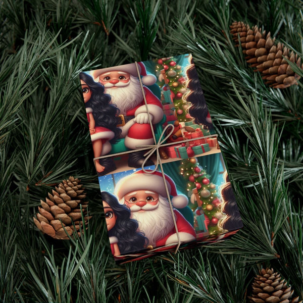 African American Holiday Gift Wrap Roll, Kawaii Santa and Black Girl Wrapping Paper, Adorable Christmas Wrapping Paper, Kids 
