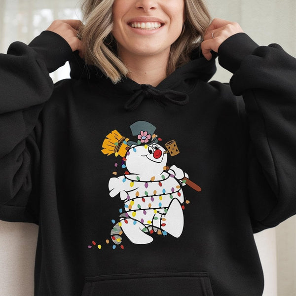 Festive Holiday Sweatshirt, Snowman Christmas Lights Hoodie, Adorable Winter Snowman Hooded Pullover, Xmas Graphic Sweater, C