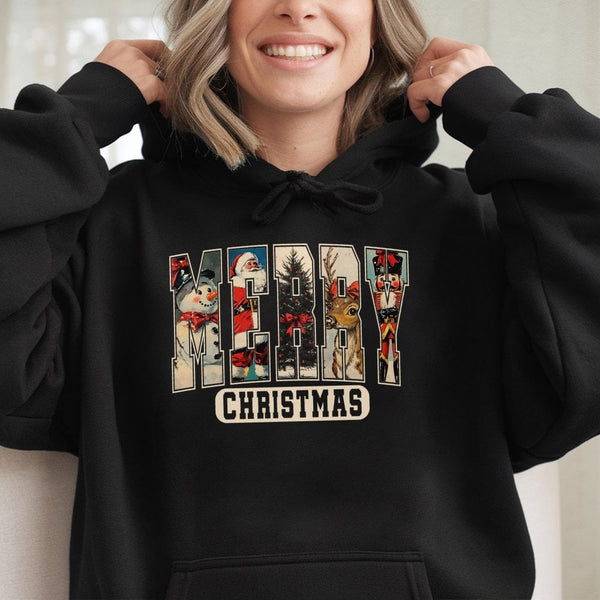 Retro Vintage Holiday Characters Hooded Sweatshirt, Merry Christmas Hoodie, Nostalgic Xmas Pullover, Festive Winter Present f