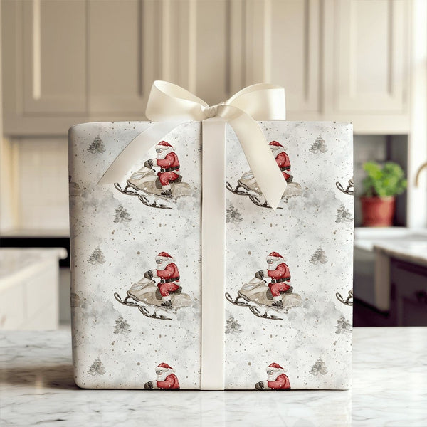Watercolor Winter Gift Wrap, Cool Santa Sunglasses Snowmobile Wrapping Paper, Fun Christmas Wrapping Paper, Holiday Present P