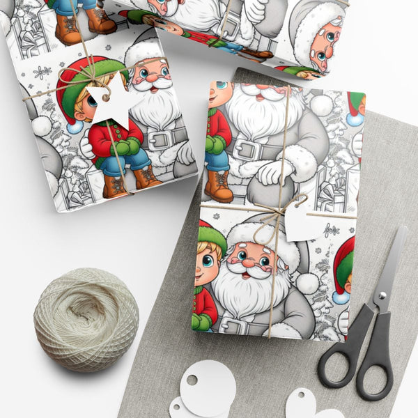 Kids Christmas Activity Gift Wrap, Colorable Santa and Elf Wrapping Paper, DIY Holiday Coloring Wrapping Paper, Winter Xmas W