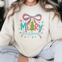 Neon Christmas Tree Sweater, Merry Christmas Sweatshirt, Bright Holiday Bow Crewneck, Festive Xmas Pullover, Retro Christmas Sweatshirt