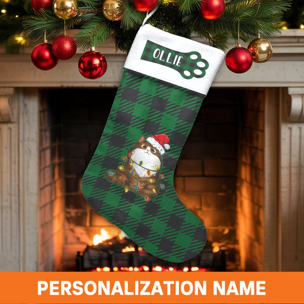Green Buffalo Plaid Kitten Stocking, Personalized Cat Christmas Stocking, Festive Pet Christmas Stocking, Cat Lover Holiday M