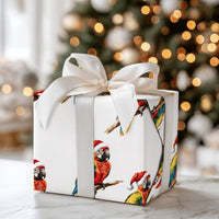 Macaw Tropical Holiday Gift Wrap, Santa Hat Parrot Christmas Wrapping Paper, Adorable Bird Watercolor Wrapping Paper, Xmas Present Wrap