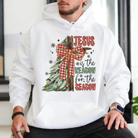 Christian Christmas Hooded Sweatshirt, Jesus Is the Reason for the Season Hoodie, Plaid Bow Cross Pullover Hoodie, Religious Holiday Present