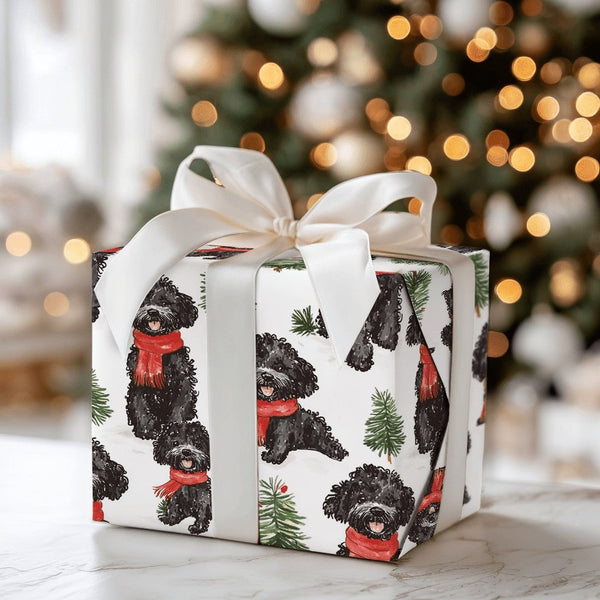 Watercolor Dog Holiday Gift Wrap, Black Poodle Christmas Wrapping Paper, Curly Puppy Scarf Wrapping Paper, Winter Holiday Gif