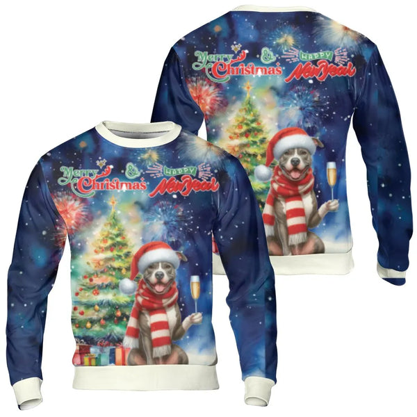 Humorous Dog Holiday Sweater, Pitbull Christmas Sweatshirt, Dog Holding Champagne Crewneck, Pitbull Xmas Sweatshirt, Dog Love