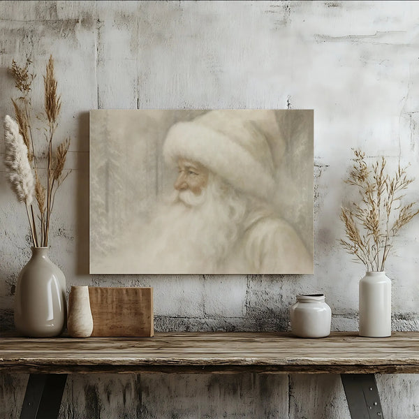 Neutral Snowy Forest Canvas Print, Vintage Santa Claus Canvas Wall Art, Rustic Christmas Canvas Decor, Holiday Winter Wall Ar