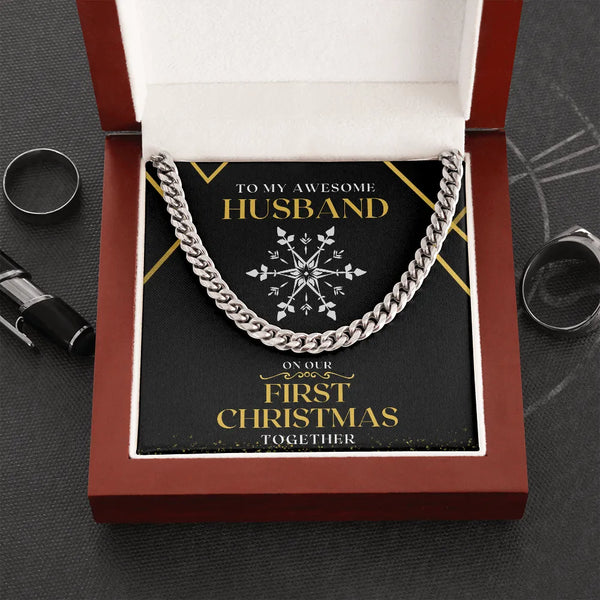 First Christmas Mens Necklace, Husband Cuban Link Chain Necklace, Polished Stainless Steel Chain, Holiday Jewelry Present for