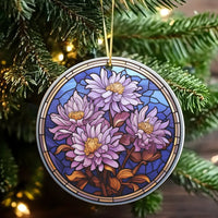 Purple Floral Christmas Ornament, Stained Glass Chrysanthemum Ornament, Botanical Flower Tree Ornament, Ceramic Garden Ornament, Floral Present