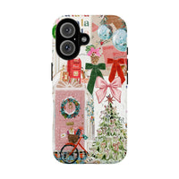 Watercolor Door Wreath Disco Ball Cover, Pink Christmas Collage iPhone Phone Case, Festive Holiday Tough Phone Case, Xmas Present for Her