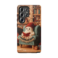 Comfy Christmas Book Lover Samsung Galaxy Tough Phone Case, Adorable Reading Ghost Phone Case, Holiday Yarn Art Ghost Cover, Bookish Present