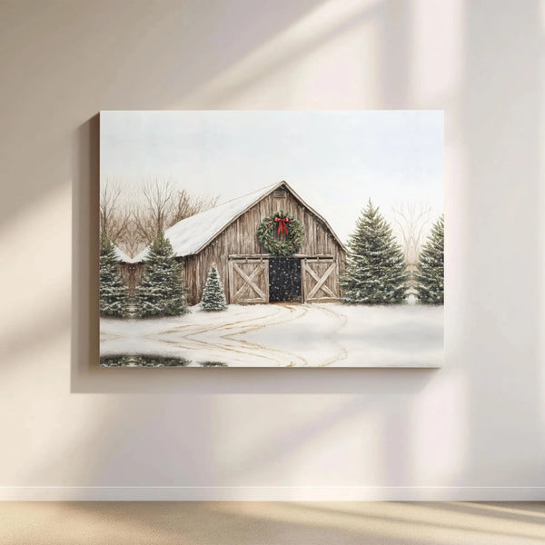 Snowy Landscape Canvas Print, Winter Barn Canvas Wall Art, Christmas Wreath Wall Decor, Rustic Holiday Farmhouse Canvas, Wint