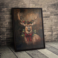 Rustic Deer with Holly Wreath Canvas Print, Christmas Stag Canvas Wall Art, Festive Winter Holiday Canvas Decor, Holiday Season Deer Present