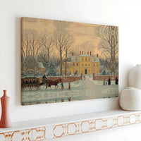Snowy Landscape Horse Sleigh Wall Art, Colonial Winter Mansion Canvas Print, Traditional Holiday Canvas, Vintage Christmas Wall Decor