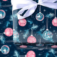 Retro Holiday Gift Wrap Roll, Pink Disco Ball Christmas Wrapping Paper, Navy Blue Pine Ornament Present Paper, Groovy Festive Gift Wrapping