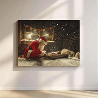 Christian Nativity Scene Canvas Print, Santa Kneeling at Manger Canvas Art, Religious Christmas Canvas Decor, Vintage Holiday Wall Art Present