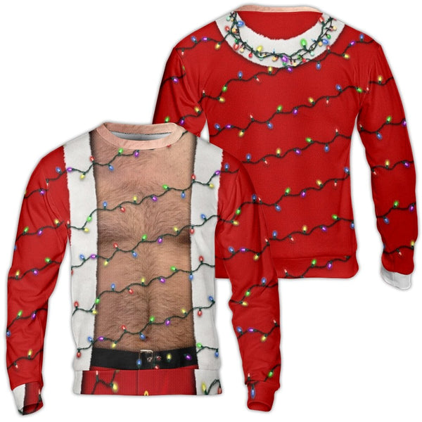 Realistic Graphic Christmas Sweater, Hairy Chest Santa Ugly Christmas Sweater, Humorous Santa Holiday Sweater, Party Crewneck