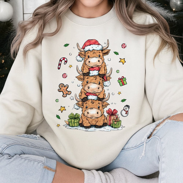 Adorable Stacked Cows Holiday Crewneck, Highland Cow Christmas Sweatshirt, Festive Farm Winter Pullover, Comfy Xmas Animal Sw