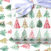 Pine Holiday Gift Wrap Paper, Watercolor Christmas Tree Wrapping Paper, Red Green Gold Gift Wrap Roll, Festive Present Wrapping Paper