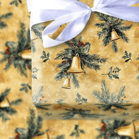 Pine Bough Holiday Gift Wrap Roll, Vintage Golden Bells Christmas Wrapping Paper, Traditional Xmas Paper, Antique Present Wrap