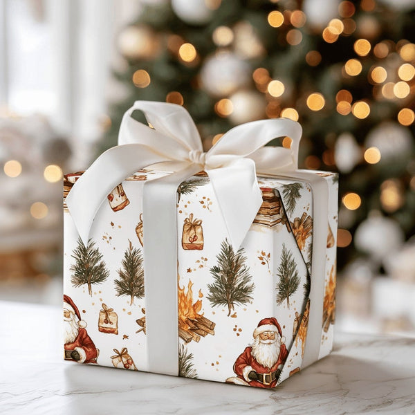 Rustic Sled and Pine Trees Gift Wrap, Campfire Santa Christmas Wrapping Paper, Outdoorsy Nature Santa Wrapping Paper, Holiday