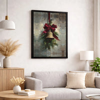Vintage Red Bow Oil Painting Canvas Print, Christmas Bell Canvas Wall Art, Rustic Holiday Wall Art, Festive Xmas Canvas Decor, Seasonal Present