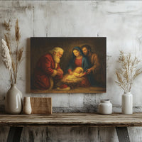 Religious Nativity Scene Canvas Wall Art, Santa Kneeling at Manger Canvas Print, Christian Santa Christmas Canvas Decor, Holy Family Present