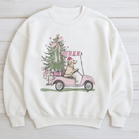 Holiday Dog Lover Sweatshirt, Golden Retriever Golf Cart Christmas Sweatshirt, Adorable Xmas Puppy Sweatshirt, Golfer Crewneck