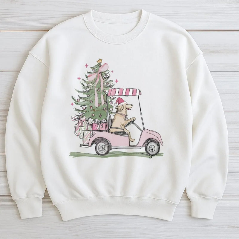 Holiday Dog Lover Sweatshirt, Golden Retriever Golf Cart Christmas Sweatshirt, Adorable Xmas Puppy Sweatshirt, Golfer Crewneck
