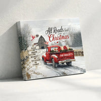 Red Truck Snowy Farmhouse Canvas Print, Personalized Christmas Canvas Art, Custom Family Name Wall Canvas, Holiday Winter Canvas Decor