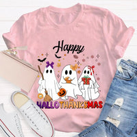 Adorable Three Ghosts Holiday Tee, Happy Hallothankmas T-Shirt, Halloween Thanksgiving Christmas Shirt, Humorous Ghost Graphic T-Shirt