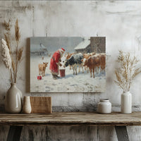 Snowy Farm Christmas Canvas Wall Art, Santa Feeding Cows Canvas Print, Rustic Farmhouse Winter Canvas Decor, Holiday Cattle Canvas Artwork