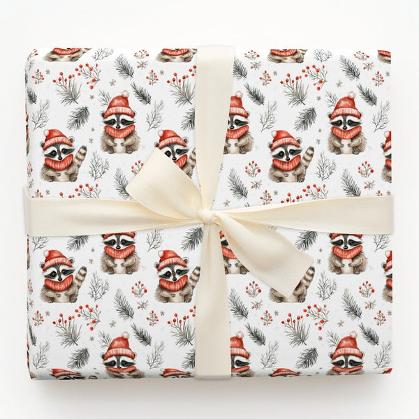 Red Scarf Hat Animal Gift Wrap, Winter Raccoon Wrapping Paper, Watercolor Christmas Wrapping Paper, Woodland Holiday Gift Wra