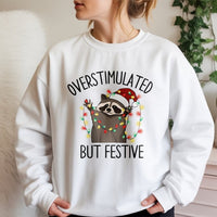 Humorous Xmas Raccoon Sweater, Overstimulated but Festive Raccoon Sweatshirt, Adorable Christmas Lights Crewneck, Ugly Holiday Party Sweater