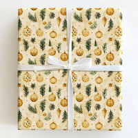 Pine Branch Christmas Gift Wrap, Vintage Gold Ornament Wrapping Paper, Rustic Holiday Present Wrap, Botanical Xmas Gift Wrapping Paper