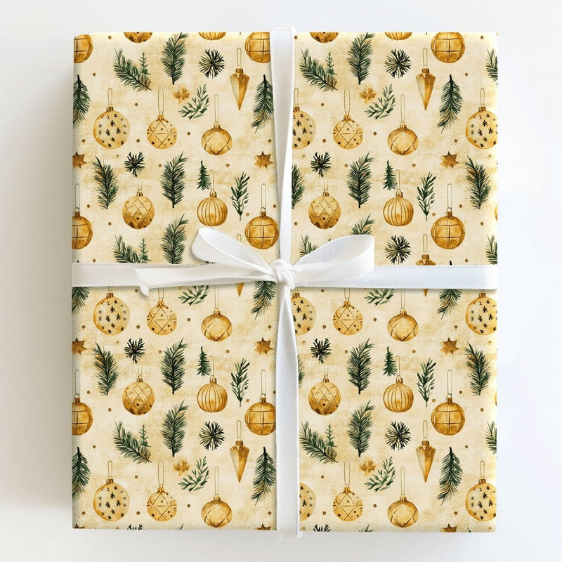 Pine Branch Christmas Gift Wrap, Vintage Gold Ornament Wrapping Paper, Rustic Holiday Present Wrap, Botanical Xmas Gift Wrapping Paper