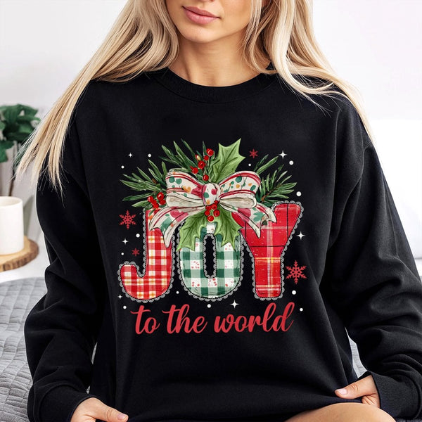 Plaid Holiday Crewneck, Joy to the World Christmas Sweatshirt, Religious Christian Sweater, Festive Xmas Tree Pullover, Prese