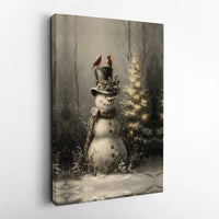 Cardinals on Top Hat Snowman Print, Vintage Snowman Canvas Art, Rustic Winter Snowman Canvas Decor, Holiday Wall Art, Christmas Home Present