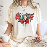 Stethoscope Red Bow Festive Graphic Tee, Christmas Nurse T-Shirt, Adorable Holiday RN Healthcare Shirt, Hospital Medical Staff Xmas Tee