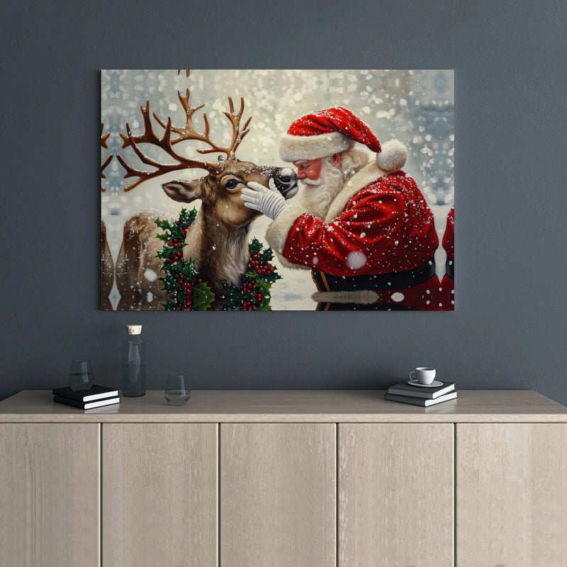 Snowy Christmas Canvas Wall Art, Santa and Reindeer Canvas Print, Holiday Season Canvas Decor, Festive Winter Wall Art, Xmas Home Decor Present