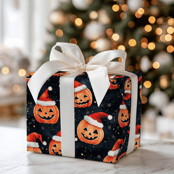 Halloween Christmas Gift Wrap, Jack-o'-Lantern Santa Hat Wrapping Paper, Spooky Holiday Wrapping Paper, Pumpkin Xmas Present 