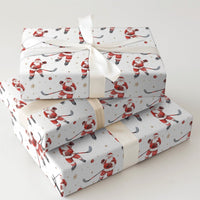 Sporty Santa Gift Wrap, Ice Hockey Santa Christmas Wrapping Paper, Gold Snowflake Hockey Gift Wrapping Paper, Holiday Wrap for Sports Fans